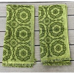 Vintage Fashion Manor Bath Towels Decorator Set of 2 Avocado Green Fringe MCM